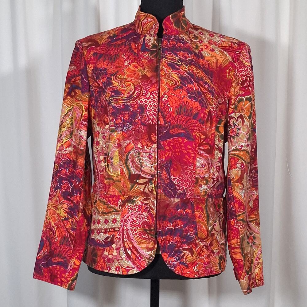 Coldwater Creek Sz Petite Large Zip Jacket Orange Floral Jacquard Colorful Artsy